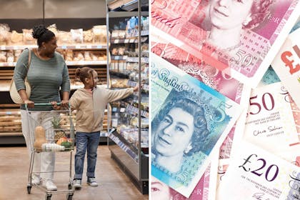 black mother and daughter grocery shopping and picture of pound notes