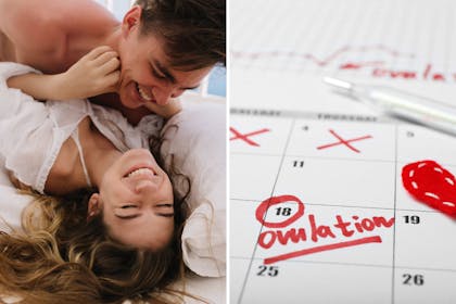 Left: Couple laughing on a bedRight: Calendar with ovulation date marked
