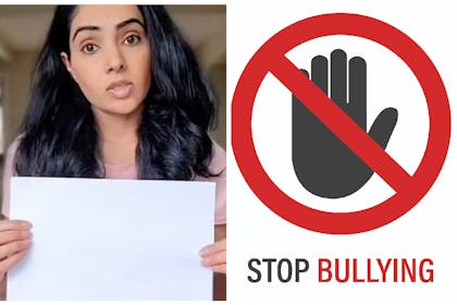 Mum holding paper / Stop bullying sign 