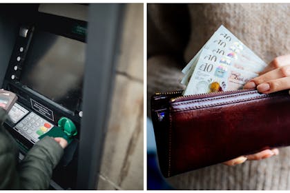 Woman using cash machine / woman holding wallet