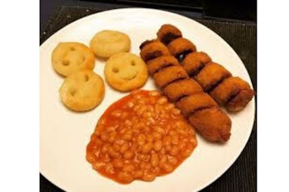 turkey twizzlers, beans and smiley faces