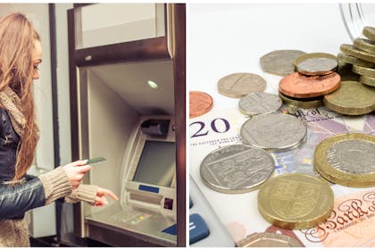 Young woman at ATM | British coins and notes