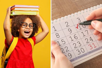 young girl ready for school with books and backpack and calendar for school dates