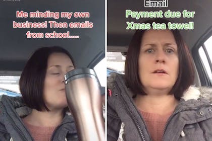 Woman sat in car with text about emails