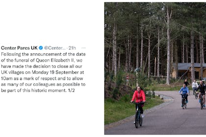 Centreparcs tweet about closure, and families cycling at one of the parks
