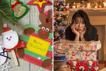 Left: christmas craftsright: woman and Christmas presents