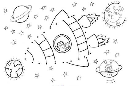 space ship with planets, sun and alien 
