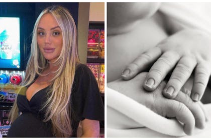 Left: Charlotte Crosby Right: black and white shot of her baby's hands 