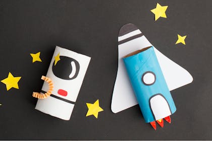 Toilet roll craft made to look like astronaut and spaceship rocket