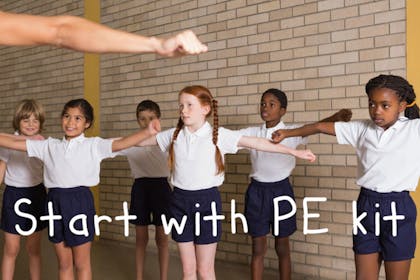 Kids in PE kit with the words Start with PE kit