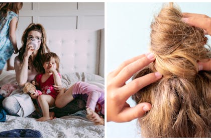 Mum on messy bed with kids | Messy bun