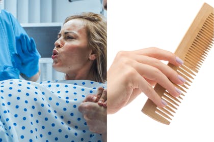 Woman in labour, woman holding wooden comb