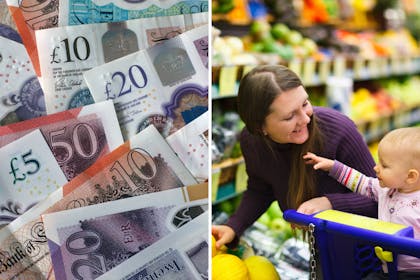 UK money / mum and baby in supermarket