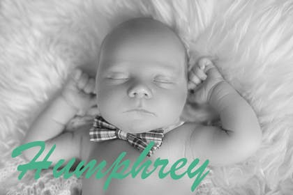 Sleeping baby wearing bowtie, text says Humphrey