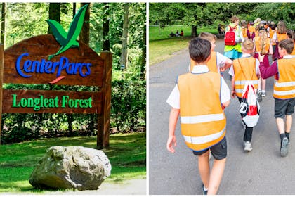 Center Parcs Longleat Forest sign | Children wearing hi-vis vests walking through park