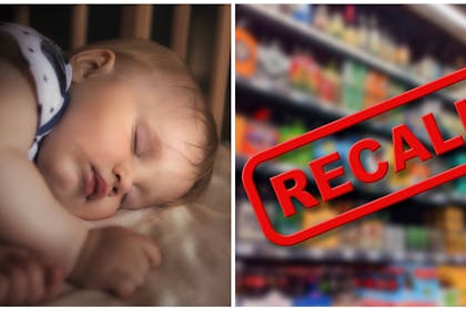 Sleeping baby in cot | Recall stamp over photo of supermarket shelves