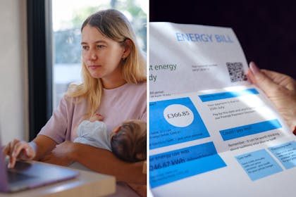 Mum on laptop while holding baby / Energy bill UK