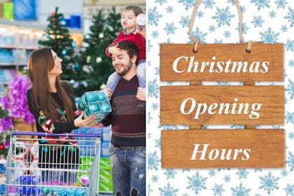 Left: Family shopping in supermarket at ChristmasRight: Christmas opening hours wooden sign