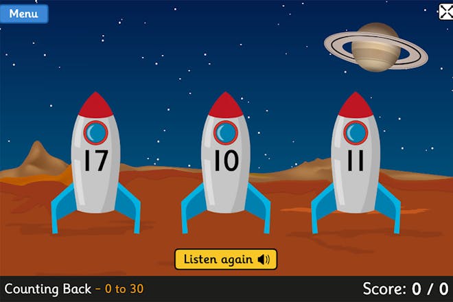 Blast off game screen, three rockets with numbers on them sit on a planet