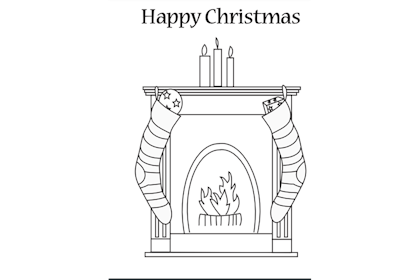 Christmas card showing stockings by fireplace