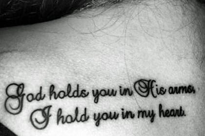 Miscarriage tattoo reading God holds you in His arms, I hold you in my heart