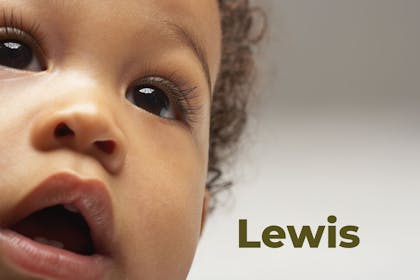 Close up of baby's face. Name Lewis written in text