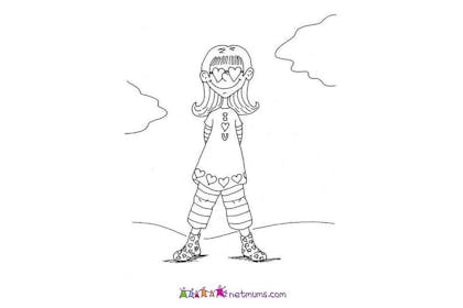 Colouring in drawing of girl with 'I love U' t-shirt