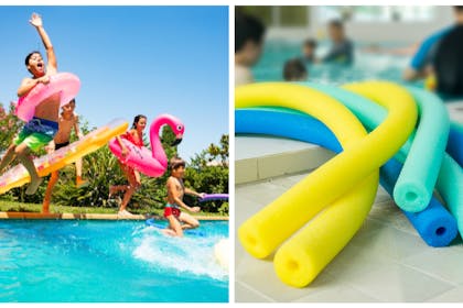 Children jumping into pool / pool noodles