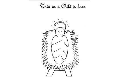 Printout Christmas card showing Jesus in a manger