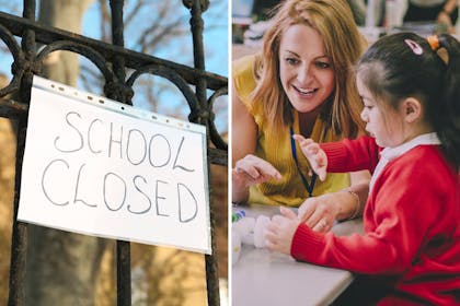 School closed sign | teacher and small child