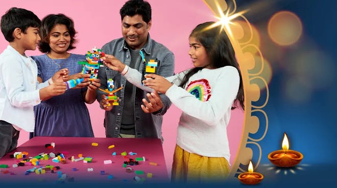 A family plays with Lego to celebrate Diwali
