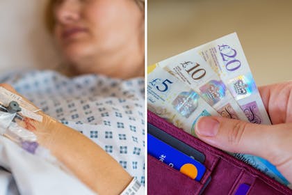 woman lying in hospital bed | Hand taking pound notes out of a wallet