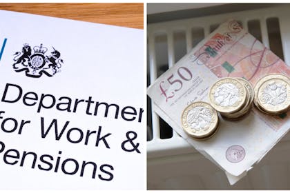 Left: DWP logo on a documentRight: UK notes and coins on a radiator 