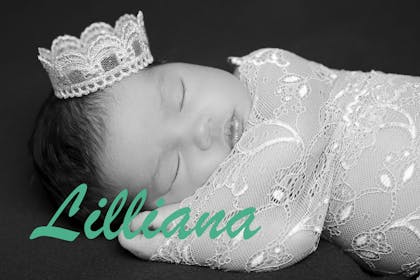 Sleeping baby wearing crown, text says Lilliana