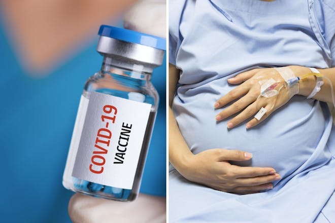 Left: vaccine bottleRight: Pregnant belly held by hands