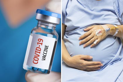 Left: vaccine bottleRight: Pregnant belly held by hands