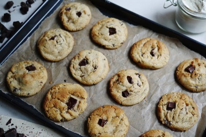 Chocolate chip cookies on a baking tray