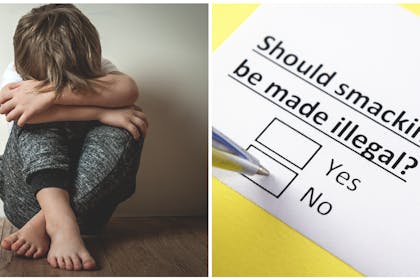 Young boy sits against wall with head on arms | Voting form to make smacking illegal, pen marking 'no'