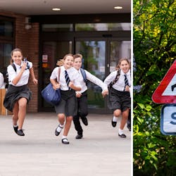 Secondary pupils leave school / School sign