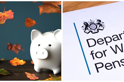 Left: A piggy bank surrounded by autumn leavesRight: DWP letterhead 