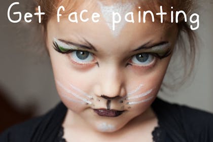 Girl with face painted like a cat, with text: Get face painting