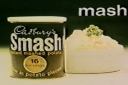 A container of Smash, instant mash potato from a vintage TV advert 
