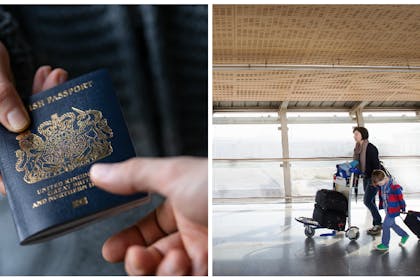 Woman holding passport / mum and son in airport