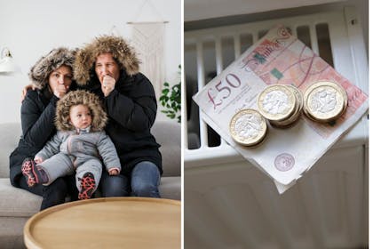Left: cold family shiver on sofa in coats Right: UK currency on a radiator 