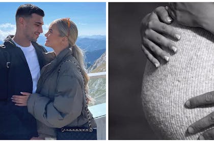 L: Tommy Fury and Molly-Mae r: baby bump pic from Insta vid