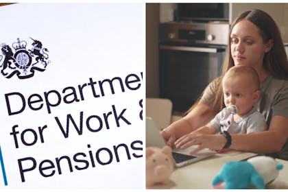 Left: DWP letterheadRight: Mum and baby sit at computer 