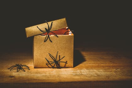 Box decorated with gold wrapping paper and fake spiders for Halloween