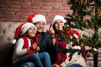 Family pointing at Christmas tree 