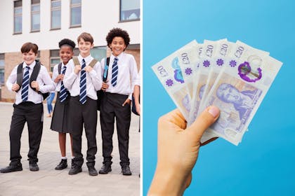 kids in school unform in the UK. £20 notes
