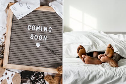 Left: baby announcement board with coming soon onRight: couple in bed, feet poking out